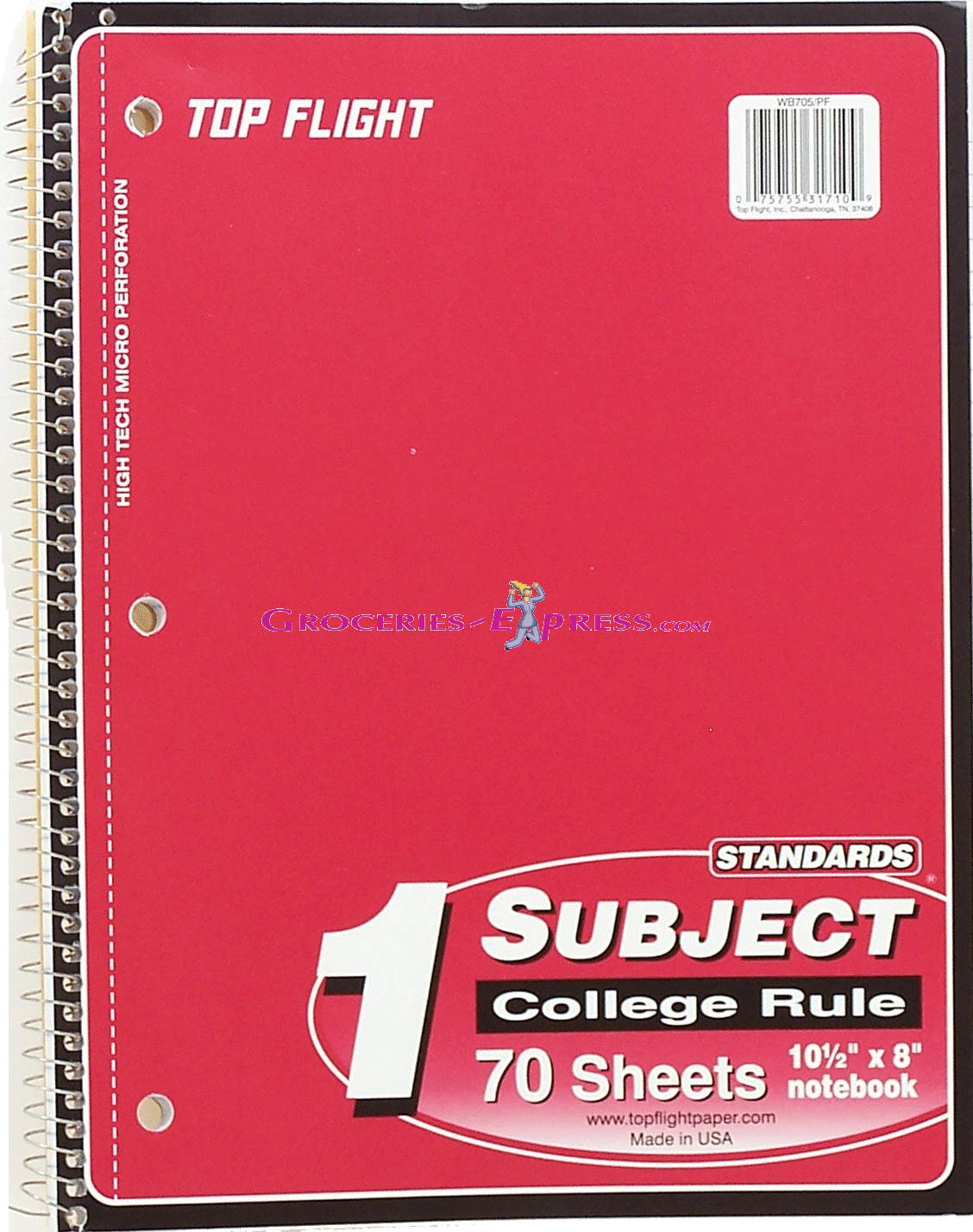 Top Flight  1 subject college rule notebook, 70 sheets, 10.5in x 8in Full-Size Picture